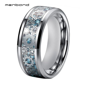 Silver Men Ring Tungsten Wedding Band With Mechanical Gear Wheel And Light Blue Carbon Fiber Inlay Beveled Edges Comfort Fit