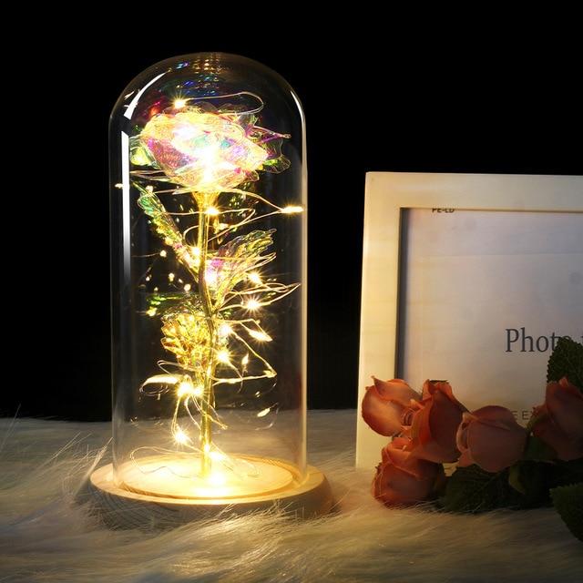 Rose In Glass  Led Night Light Beauty And The Beast Little Prince Valentine's Day Gift artificial flower