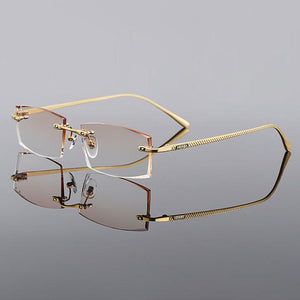 Gmei Optical Rectangle Golden Titanium Alloy Men's Diamond Trimming Rimless Glasses Frame Gradient Brown Tint Plano Lenses Q6607